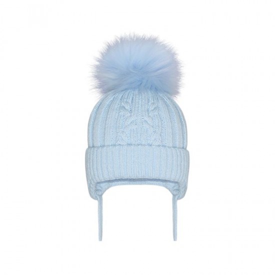 KINDER BOUTIQUE AW22 LARGE POM CABLE KNIT TIE HAT BLUE AX326F