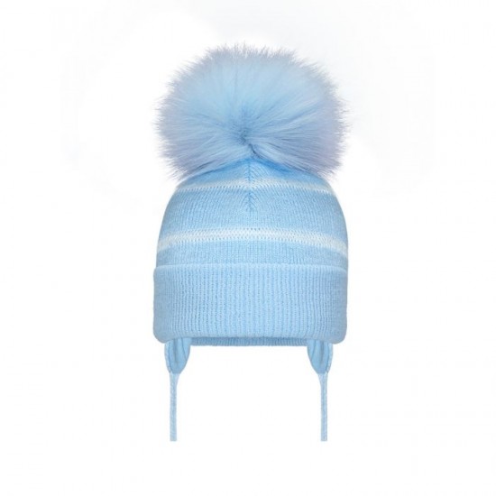 KINDER BOUTIQUE LARGE POM STRIPED TURNOVER HAT with TIES SKY/WHITE AX99B