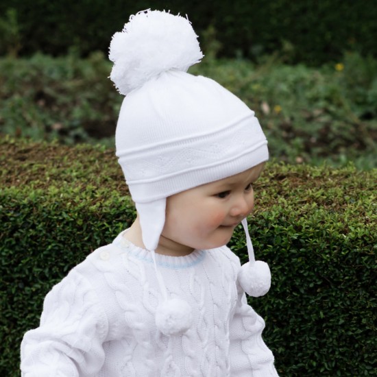 Emile et Rose Girls White true knit cosy ear bobble hat 4713WH