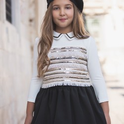 Rochy AW23 Girls Winter White and Black Skirt Set with Sequins 23823