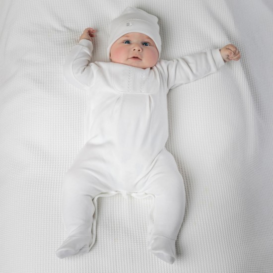 Emile et Rose White Interlock All in One with feet, Embroidered Yoke and Hat 1766WH Emile et Rose White Interlock All in One with feet, Embroidered Yoke and Hat 1766WH