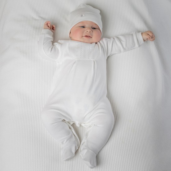 Emile et Rose White Interlock All in One with feet, Embroidered Yoke and Hat 1766WH Emile et Rose White Interlock All in One with feet, Embroidered Yoke and Hat 1766WH