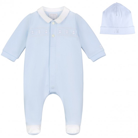 Emile et Rose SS25 Pale Blue Interlock All in One with Emb Teddy panel and Hat 2573PB