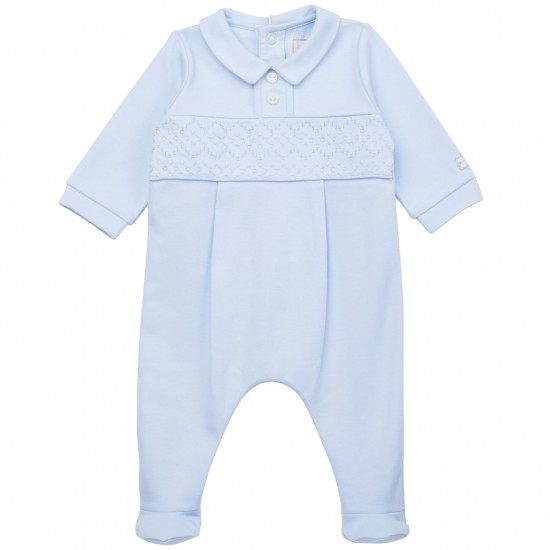 Emile et Rose Pale Blue Interlock All in One with Zig-zag Emb chest panel and collar 2586PB Emile et Rose Pale Blue Interlock All in One with Zig-zag Emb chest panel and collar 2586PB