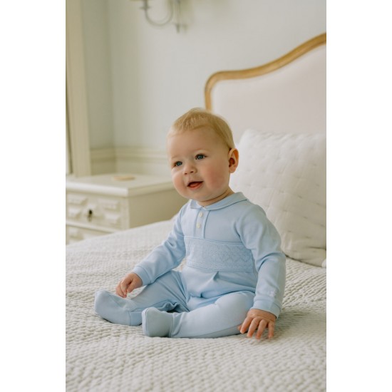 Emile et Rose Pale Blue Interlock All in One with Zig-zag Emb chest panel and collar 2586PB Emile et Rose Pale Blue Interlock All in One with Zig-zag Emb chest panel and collar 2586PB