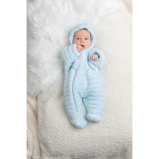 Emile et Rose AW25 Pale Blue Deep pile fleece Pramsuit with 3D teddy 1955PB