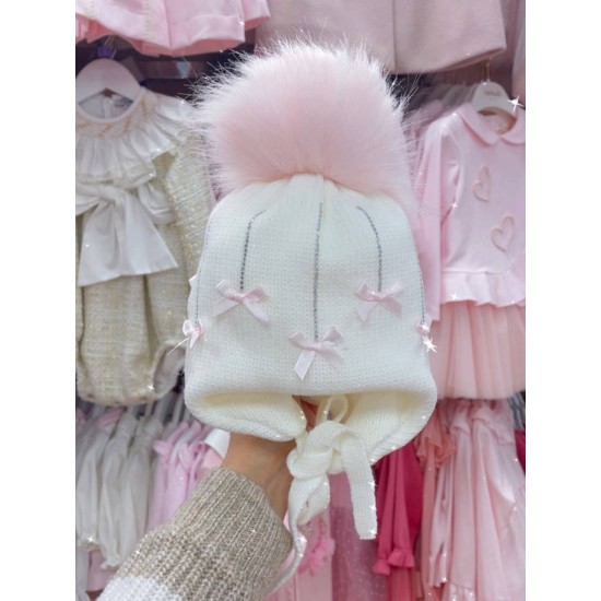 Pom Pom Envy Falling Bow White/Pink Hat