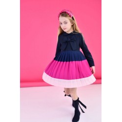 Rochy AW24 Girls Navy and Pink Pleated Dress with Bow 24127