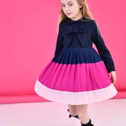 Rochy AW24 Girls Navy and Pink Pleated Dress with Bow 24127