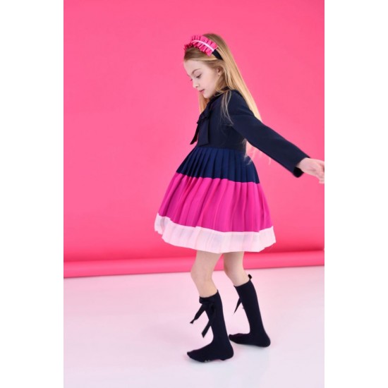 Rochy AW24 Girls Navy and Pink Pleated Dress with Bow 24127