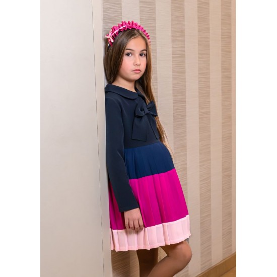 Rochy AW24 Girls Navy and Pink Pleated Dress with Bow 24127