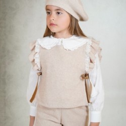 Babine AW25 Girls Peach and Cream Blouse, Shorts, Waistcoat Set 2612511/2612504/2612108 Babine AW25 Girls Peach and Cream Blouse, Shorts, Waistcoat Set 2612511/2612504/2612108
