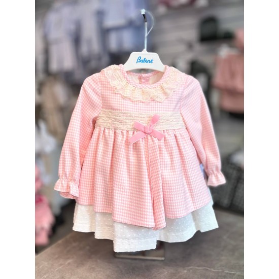 Babine AW25 Girls Pink and Cream Dogtooth dress 2612805 Babine AW25 Girls Pink and Cream Dogtooth dress 2612805