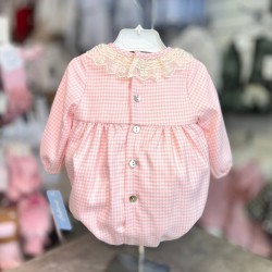 Babine AW25 Girls Pink and Cream Dogtooth Romper 2612103 Babine AW25 Girls Pink and Cream Dogtooth Romper 2612103