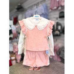 Babine AW25 Girls Peach and Cream Blouse, Shorts, Waistcoat Set 2612511/2612504/2612108 Babine AW25 Girls Peach and Cream Blouse, Shorts, Waistcoat Set 2612511/2612504/2612108