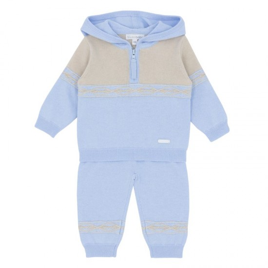 Blue Baby AW25 2137 Boys Blue-Beige Knitted Hooded Set