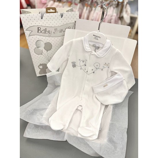 Blue Baby AW25 2078W White Velour All in One with Hat