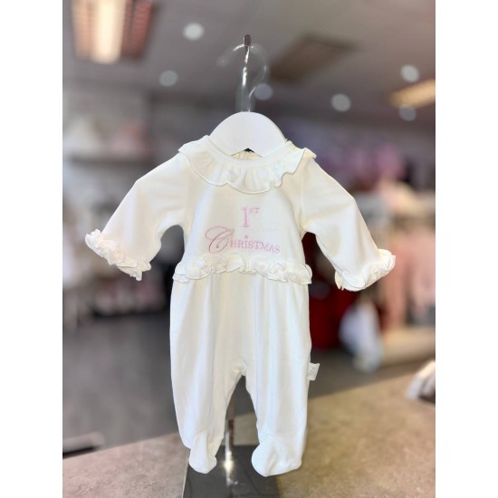 White & Pink 1st Christmas Velour Babygrow