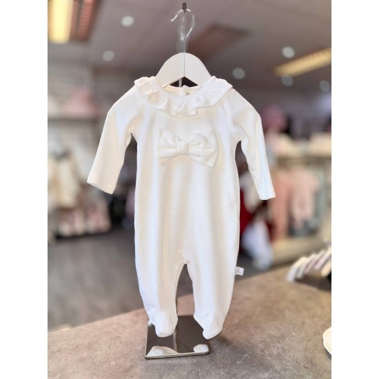 White & White bow Velour Babygrow
