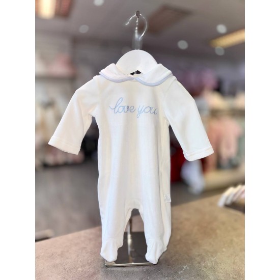 White & Blue Love You Velour Babygrow
