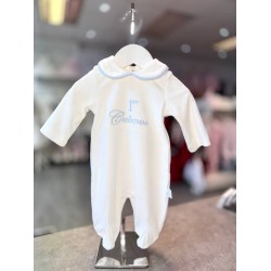 White & Blue 1st Christmas Velour Babygrow