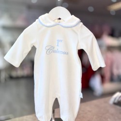 White & Blue 1st Christmas Velour Babygrow