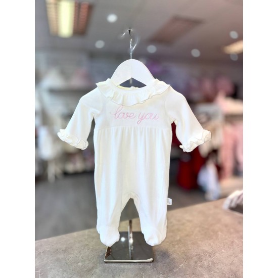 White & Pink Love You Velour Babygrow