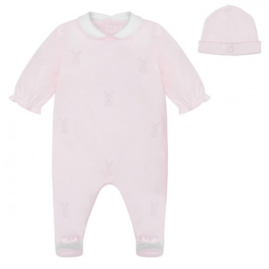 Emile et Rose AW25 Girls Pale Pink Interlock All in one with collar,emb bunnies and Hat 2630PP Emile et Rose AW25 Girls Pale Pink Interlock All in one with collar,emb bunnies and Hat 2630PP