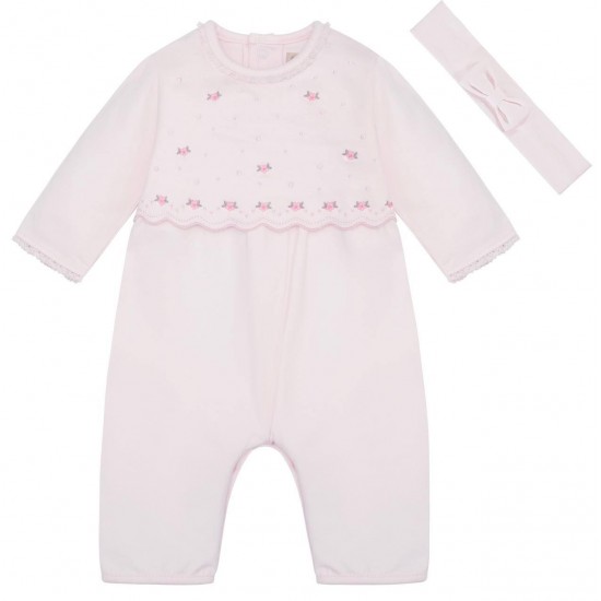 Emile et Rose AW25 Girls Pale Pink All in one with emb over-yoke and Hairband 2638PP