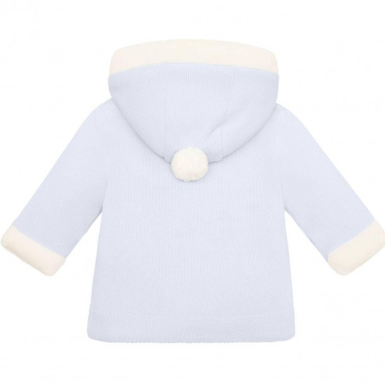 Emile et Rose AW25 Pale Blue Knitted Jacket, fur hood, sleeve trim and pom-pom 9336PB Emile et Rose AW25 Pale Blue Knitted Jacket, fur hood, sleeve trim and pom-pom 9336PB