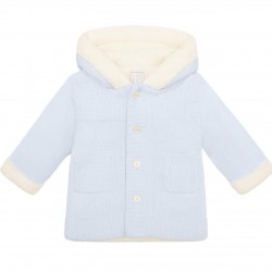 Emile et Rose AW25 Pale Blue Knitted Jacket, fur hood, sleeve trim and pom-pom 9336PB
