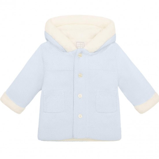 Emile et Rose AW25 Pale Blue Knitted Jacket, fur hood, sleeve trim and pom-pom 9336PB Emile et Rose AW25 Pale Blue Knitted Jacket, fur hood, sleeve trim and pom-pom 9336PB