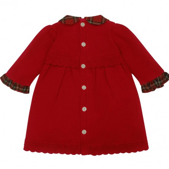Emile et Rose AW25 Girls Red Knitted Dress with tartan collar, pretty hems and Tights 8475RD Emile et Rose AW25 Girls Red Knitted Dress with tartan collar, pretty hems and Tights 8475RD