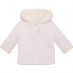 Emile et Rose AW25 Pale Pink Knitted Jacket, fur hood, sleeve trim and pom-pom 9335PP