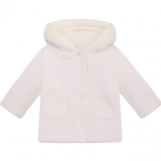 Emile et Rose AW25 Pale Pink Knitted Jacket, fur hood, sleeve trim and pom-pom 9335PP