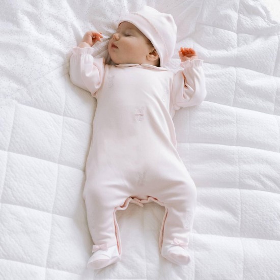 Emile et Rose AW25 Girls Pale Pink Interlock All in one with collar,emb bunnies and Hat 2630PP Emile et Rose AW25 Girls Pale Pink Interlock All in one with collar,emb bunnies and Hat 2630PP