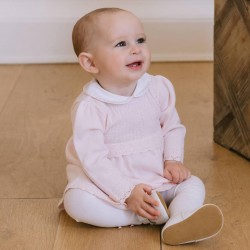 Emile et Rose AW25 Girls Pale Pink Knitted Dress with collar, pretty hems and Tights 8471PP