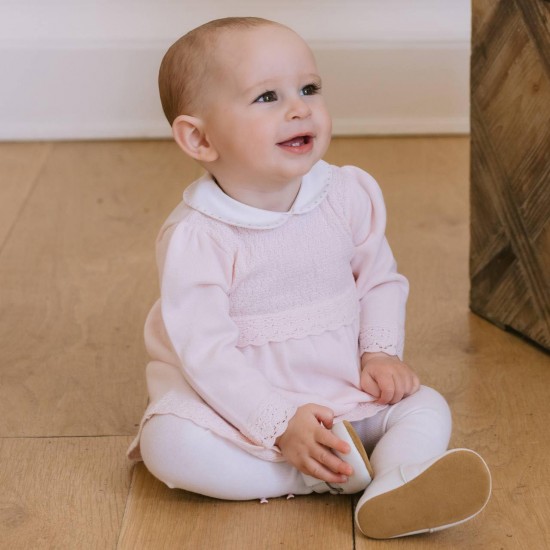 Emile et Rose AW25 Girls Pale Pink Knitted Dress with collar, pretty hems and Tights 8471PP
