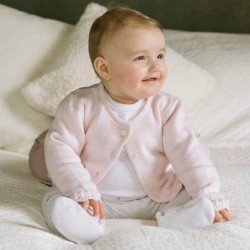 Emile et Rose AW25 Girls Pale Pink 2Pc Interlock All in one with rosebud emb and Cardi 1963PP