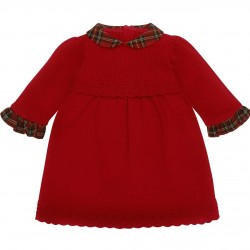 Emile et Rose AW25 Girls Red Knitted Dress with tartan collar, pretty hems and Tights 8475RD Emile et Rose AW25 Girls Red Knitted Dress with tartan collar, pretty hems and Tights 8475RD