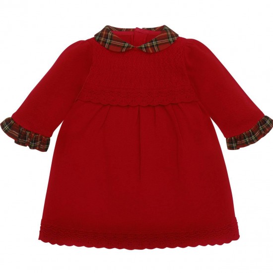 Emile et Rose AW25 Girls Red Knitted Dress with tartan collar, pretty hems and Tights 8475RD Emile et Rose AW25 Girls Red Knitted Dress with tartan collar, pretty hems and Tights 8475RD