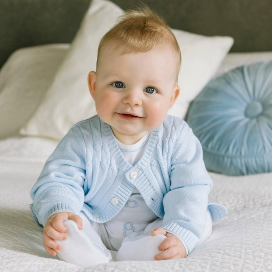 Emile et Rose AW25 Pale Blue 2Pc interlock All in One with bear emb and cable Cardi 1950PB Emile et Rose AW25 Pale Blue 2Pc interlock All in One with bear emb and cable Cardi 1950PB