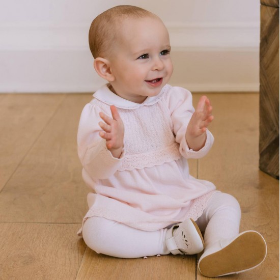 Emile et Rose AW25 Girls Pale Pink Knitted Dress with collar, pretty hems and Tights 8471PP