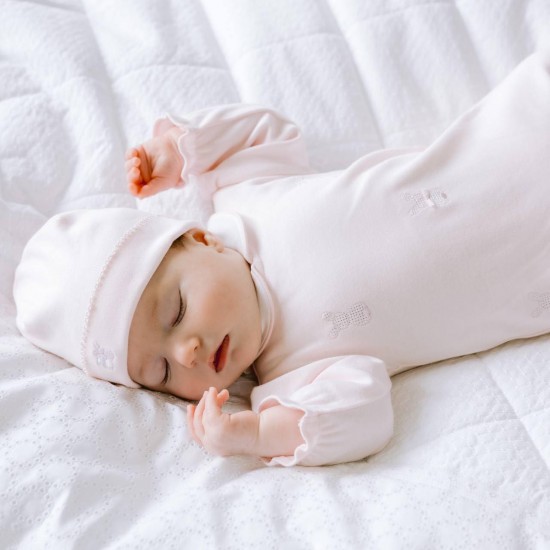 Emile et Rose AW25 Girls Pale Pink Interlock All in one with collar,emb bunnies and Hat 2630PP Emile et Rose AW25 Girls Pale Pink Interlock All in one with collar,emb bunnies and Hat 2630PP