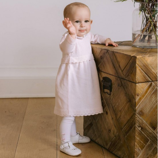 Emile et Rose AW25 Girls Pale Pink Knitted Dress with collar, pretty hems and Tights 8471PP