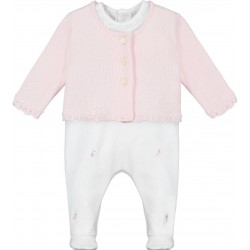 Emile et Rose AW25 Girls Pale Pink 2Pc Interlock All in one with rosebud emb and Cardi 1963PP