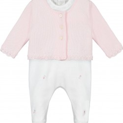 Emile et Rose AW25 Girls Pale Pink 2Pc Interlock All in one with rosebud emb and Cardi 1963PP