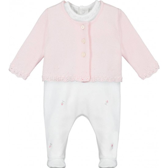 Emile et Rose AW25 Girls Pale Pink 2Pc Interlock All in one with rosebud emb and Cardi 1963PP