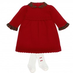 Emile et Rose AW25 Girls Red Knitted Dress with tartan collar, pretty hems and Tights 8475RD