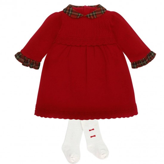 Emile et Rose AW25 Girls Red Knitted Dress with tartan collar, pretty hems and Tights 8475RD Emile et Rose AW25 Girls Red Knitted Dress with tartan collar, pretty hems and Tights 8475RD